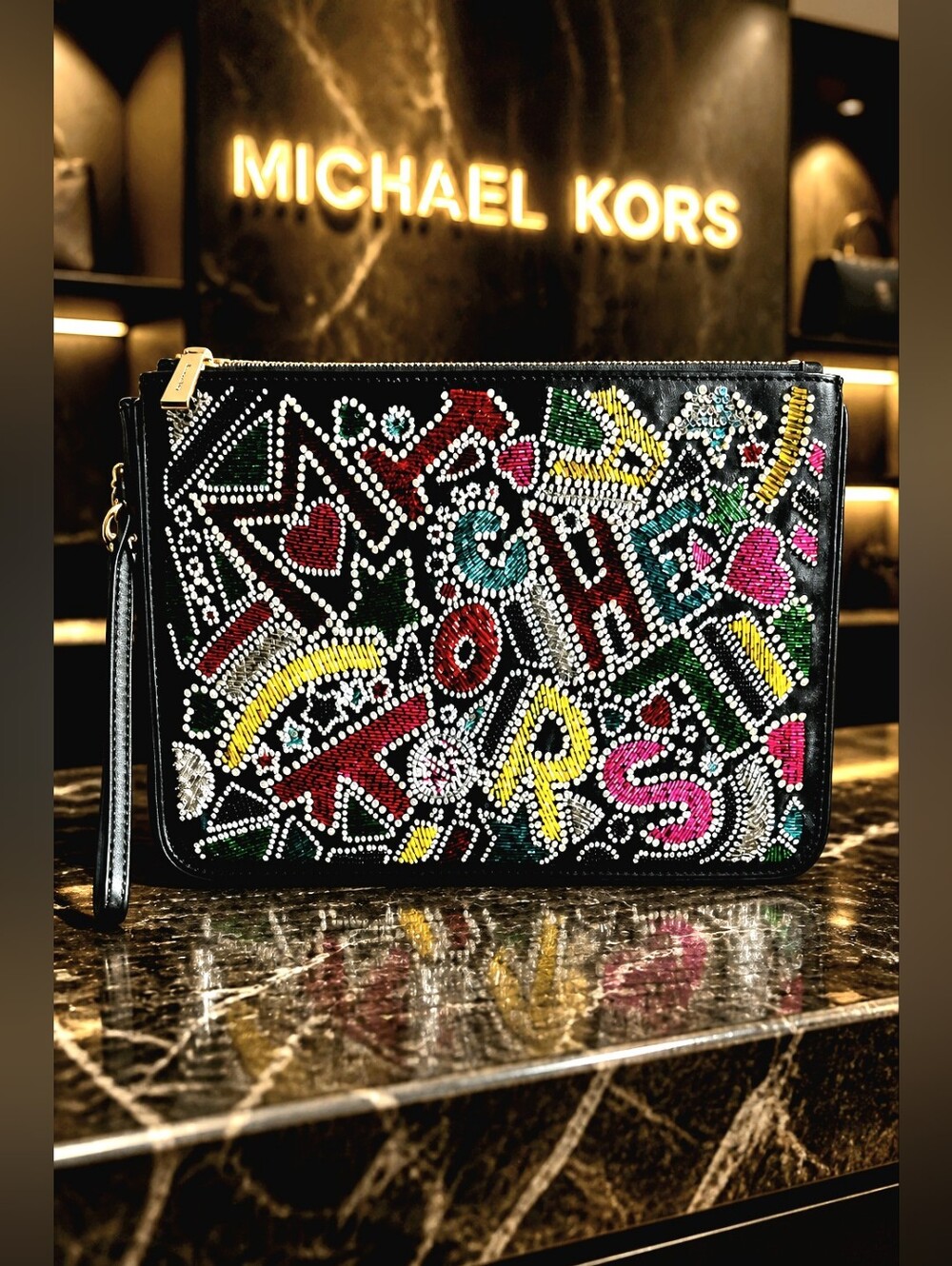 Michael Kors Party Bead Large Leather  Clutch / Wristlet